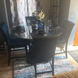 Dinning Table Glass Top Four Blue Velvet Bar High Stools