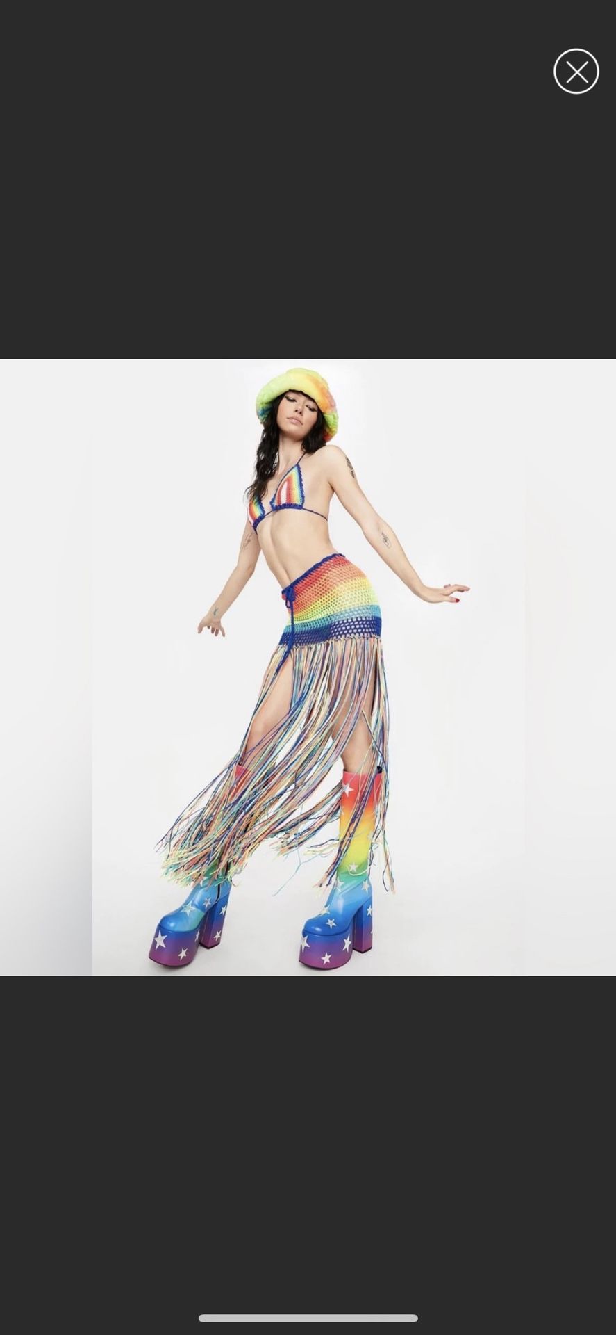 Rainbow colorful crochet two piece set fringe skirt bikini halter top festival