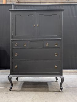 Vintage Hickory Furniture Co. Black Painted Queen Anne Chifforobe Armoire Dresser on Casters/Wheels