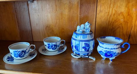 Russian Gzhel (Жель) - 2 cups with saucers, honeypot, mug