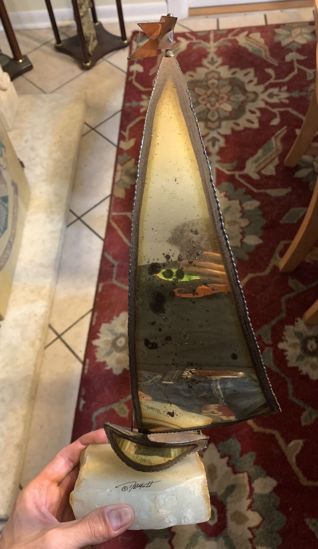 Vintage Signed John DeMott Metal Brass Sailboat Sculpture Mounted on Stone base