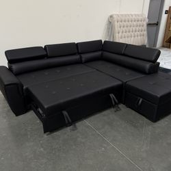 New!Black Modern Sectional Sofa Bed, Black Sectional, Faux Leather Sectional, Sleeper Sofa, Sofabed, Sleeper Sofa Couch, Sofa, Sectionals, Black Couch