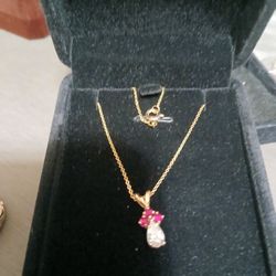 14kt 1ct Diamod And 3 Buby Necklace 