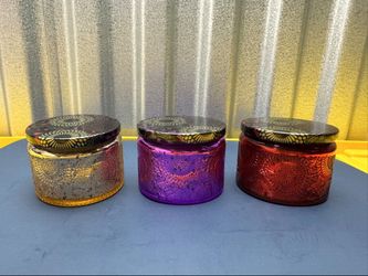 Mercury Glass Jars Lot 3 Gold Purple Red w/ Lids Candle Holders 3.5in