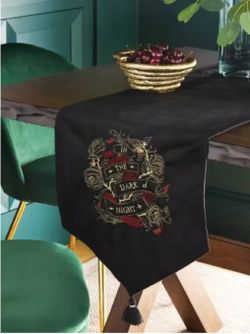 New Threshold 14" x 72" Black Embroidered Velvet Table Runner