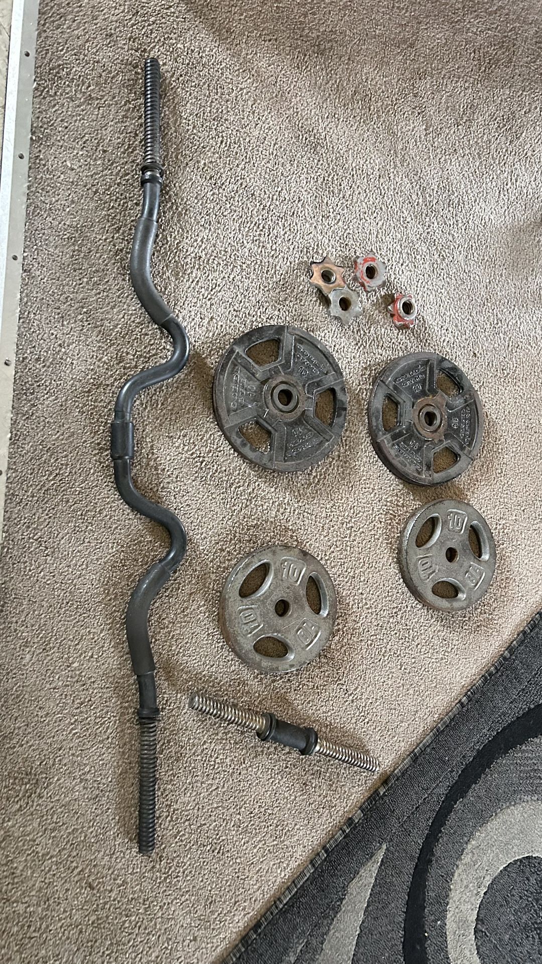 curl bar, weight plates, B.B.O