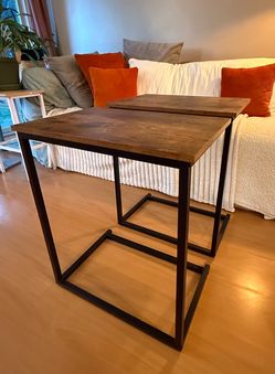 Set of 2 industrial style walnut finished C shape side tables / end tables