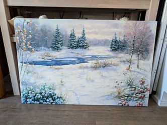 Large Canvas Wall Art – Winter Landscape with Snowy Creek & Pine Trees