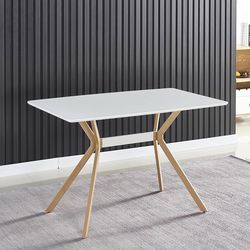 White Dining/Study Table with Simple Modern Kitchen Table with Metal Shelf&Transfer Legs, Office Table