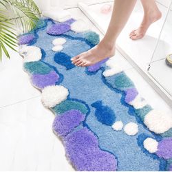 Soft Flocking Bath Mats Non-Slip Bath Rugs 47''x15'' Machine-Washable Absorbent Bath Door Mat Blue Bathtub Mat for Shower Bathroom Livingroom