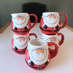 Vintage Ceramic Whimisal Santa Claus 5pc Christmas Mug & Creamer Set. Enesco