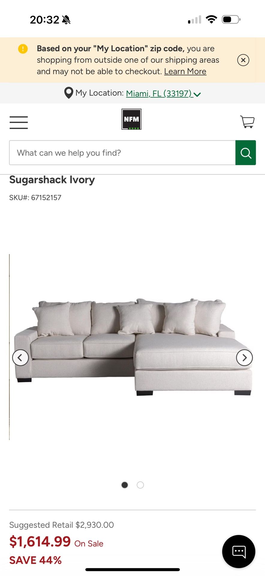 Sugarshack Ivory Sectional Sofa – Excellent Condition