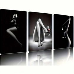 3pcs Unframed Room Decor Paintings Black And White Pictures 3 Panel Canvas Art And Wine Glass Wall Art 