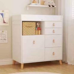 FUFU&GAGA White 5-Drawer 33.5 in. Width Wooden Stylish Kids Low Dresser, Chest of Drawers, Storage Cabinet with Open Shelf 