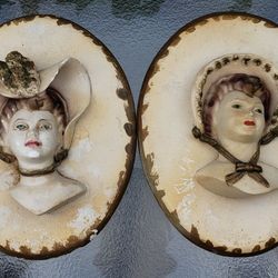 Vintage Antique Pair Victorian Woman Bonnet Hat Plaster Ceramic Wall Hangings