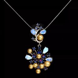 925 sterling silver fire opal , pearl and sapphire pendant necklace