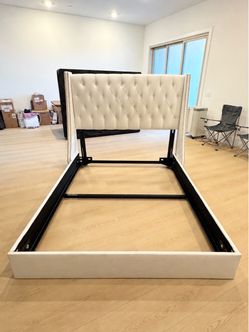 Queen Upholstered Wingback Bed + Box Spring
