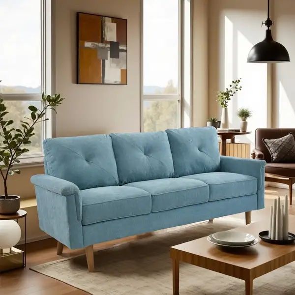 HOOOWOOO Mid-Century 3-Seat Upholstered Sofa with Wood Legs for Living Room - Blue
