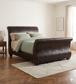 Leather Sleigh Bed - Brown - King