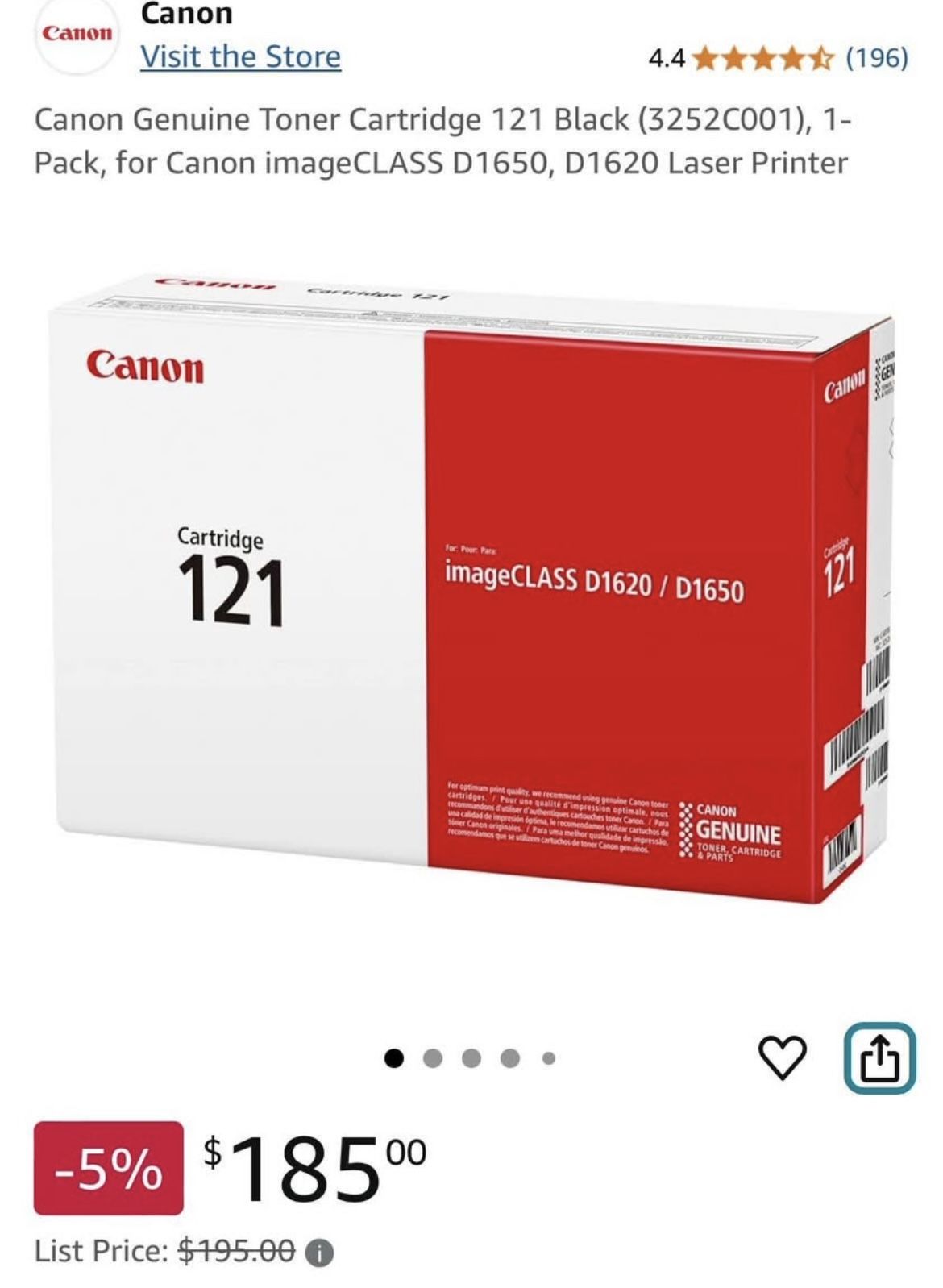 Canon Genuine Toner Cartridge 121 Black (3252C001), 1-Pack, for Canon imageCLASS D1650, D1620 Laser