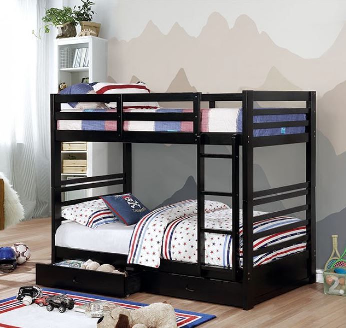 Twin/Twin Black Bunk bed w. Drawers & Ortho Mattresses Included