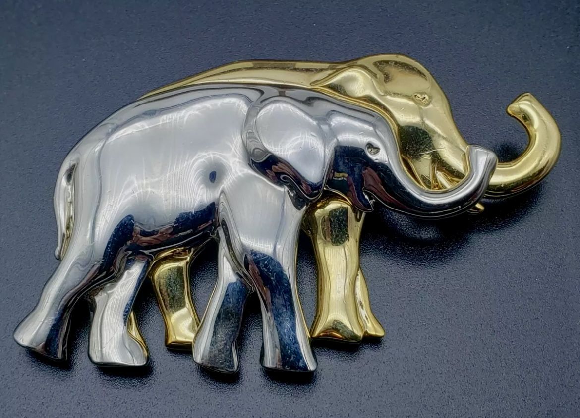  Vintage Liz Claiborne Two Elephant Brooch Silver And Gold Tone Pin 2.5" 