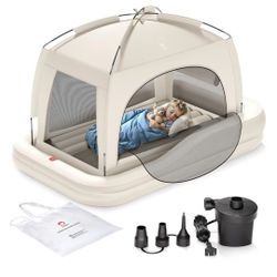 NEW  Inflatable Toddler Travel Bed with Tent, Baby Crib Tent, Portable Kids Air Mattress with Safety Bumpers, Ideal for Home, Grandma's, Camping, Trav