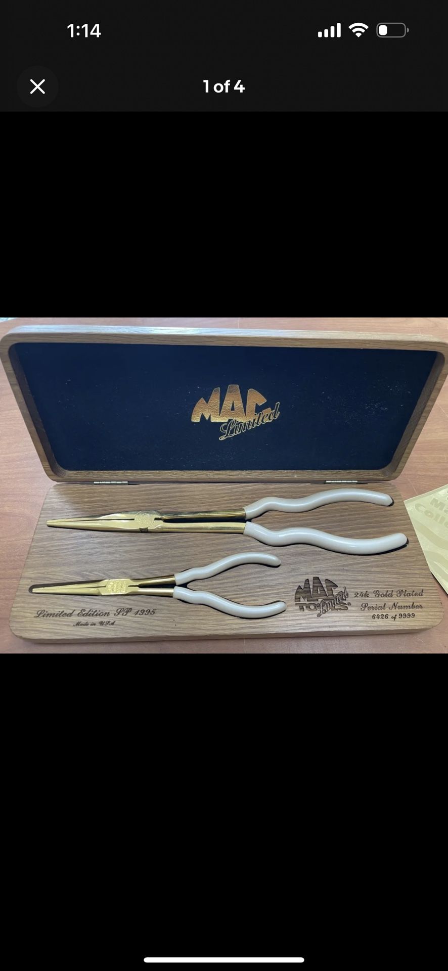 Mac Tools Sp 1995 Limited Edition 24K Gold Plated Long Reach Pliers Set Damaged