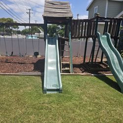 Large Wooden Playset – Slides, Swings, Clubhouse, Rock Wall