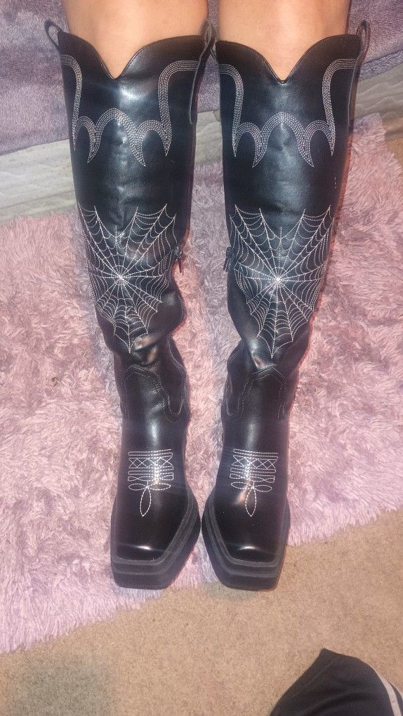 Embroidered Spider Web Knee High Boots