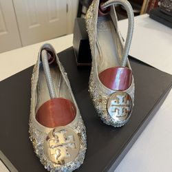 Tory Burch Silver Sequin Flats, Size 7
