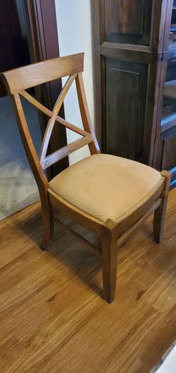 (6) Walter E Smythe Wood and Leather Seat Dining Chairs