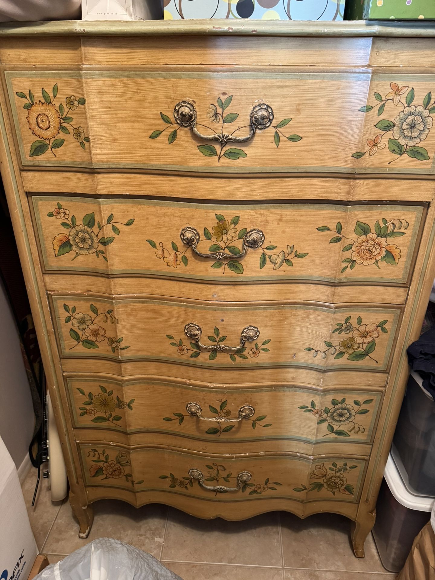 Vintage French Provincial Hand Painted Dresser Chest Drawers Floral Shabby Chic