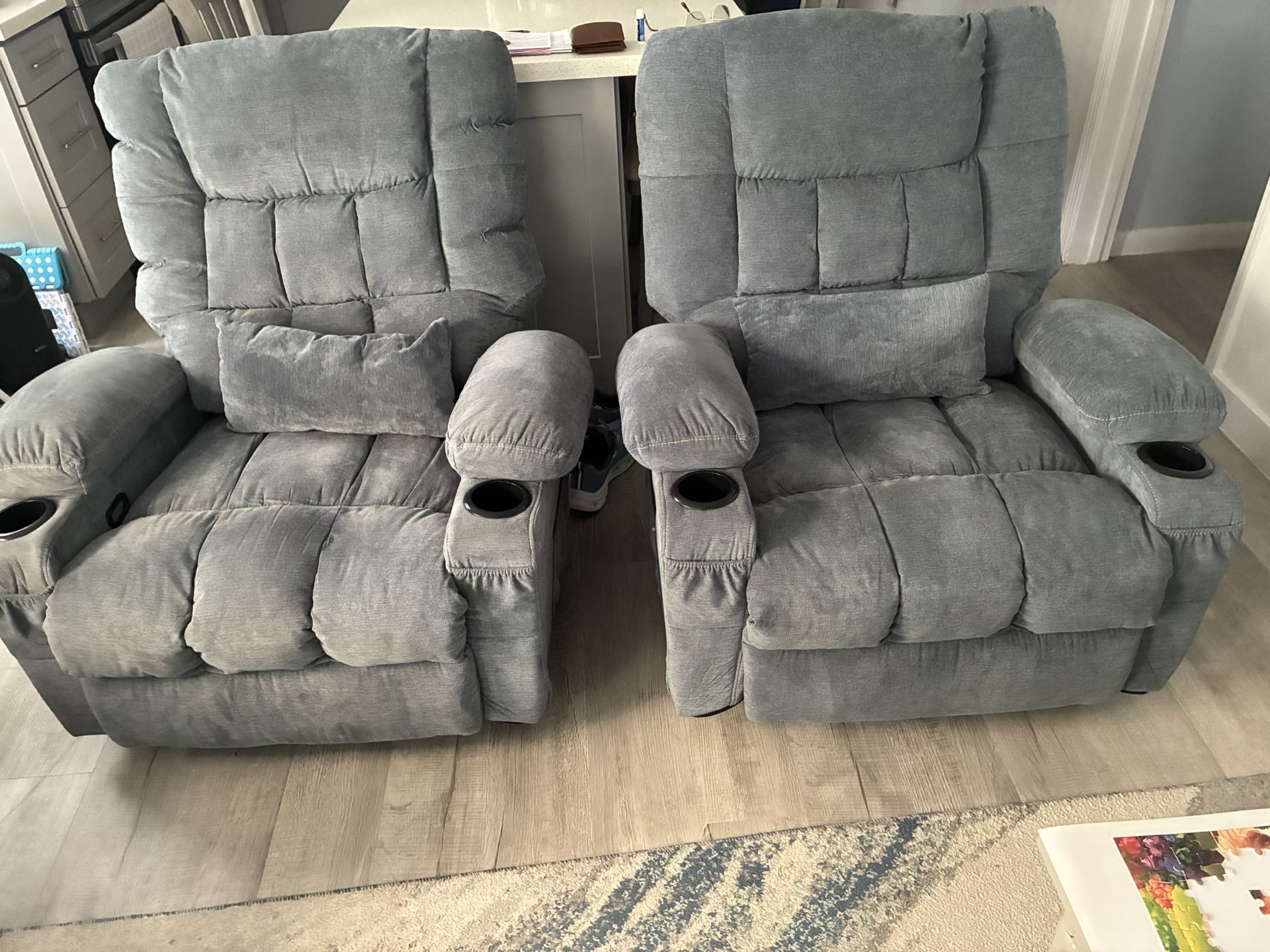 2 Matching Recliner/Rocking Chairs, Blue