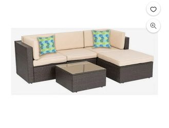 Cloud Mountain 5-Pc Patio Outdoor Furniture in Brown Wicker and Khaki Cushions