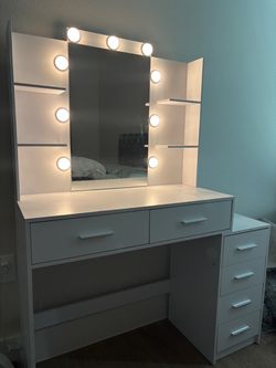 white vanity desk with mirror, LED lights