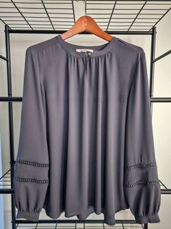 LOFT Long Sleeve Flowy Grey Blouse with Keyhole & Crochet Sleeve Detail, Size L