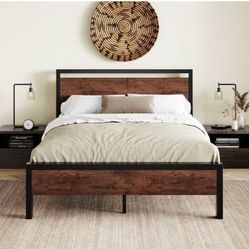 Queen Size Platform Bed Frame with Wooden Headboard and Footboard, Heavy Duty 12 Metal Slats Support, No Box Spring Needed,