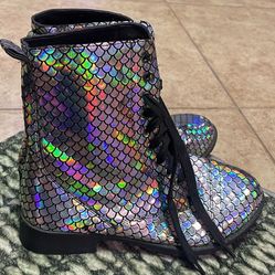 Iridescent Mermaid Calf Combat Boots Size 7
