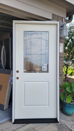 Legacy 36 in. x 80 in. Right Hand Inswing 1/2 Lite Decorative Knox Glass White Primed Fiberglass Prehung Front Door