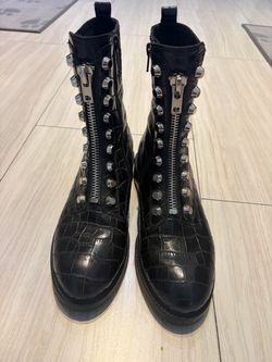 Jeffrey Campbell Tonette Combat Croc Embossed Boot Black Leather Boots Size US 7,5