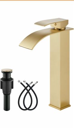 gotonovo Modern Waterfall Tall Bathroom Faucet 1 Hole, Brushed Gold Vessel Sink Faucet Single Handle 304 Stainless Steel, Pop Up Drain,24" cUPC Supply
