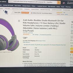 JLab Audio JBuddies Studio Bluetooth On-Ear Headphones, 13 Hour Battery Life, Gray/Purple, Noise Cancelling, Volume Safe, Adjustable and Has A Mic,