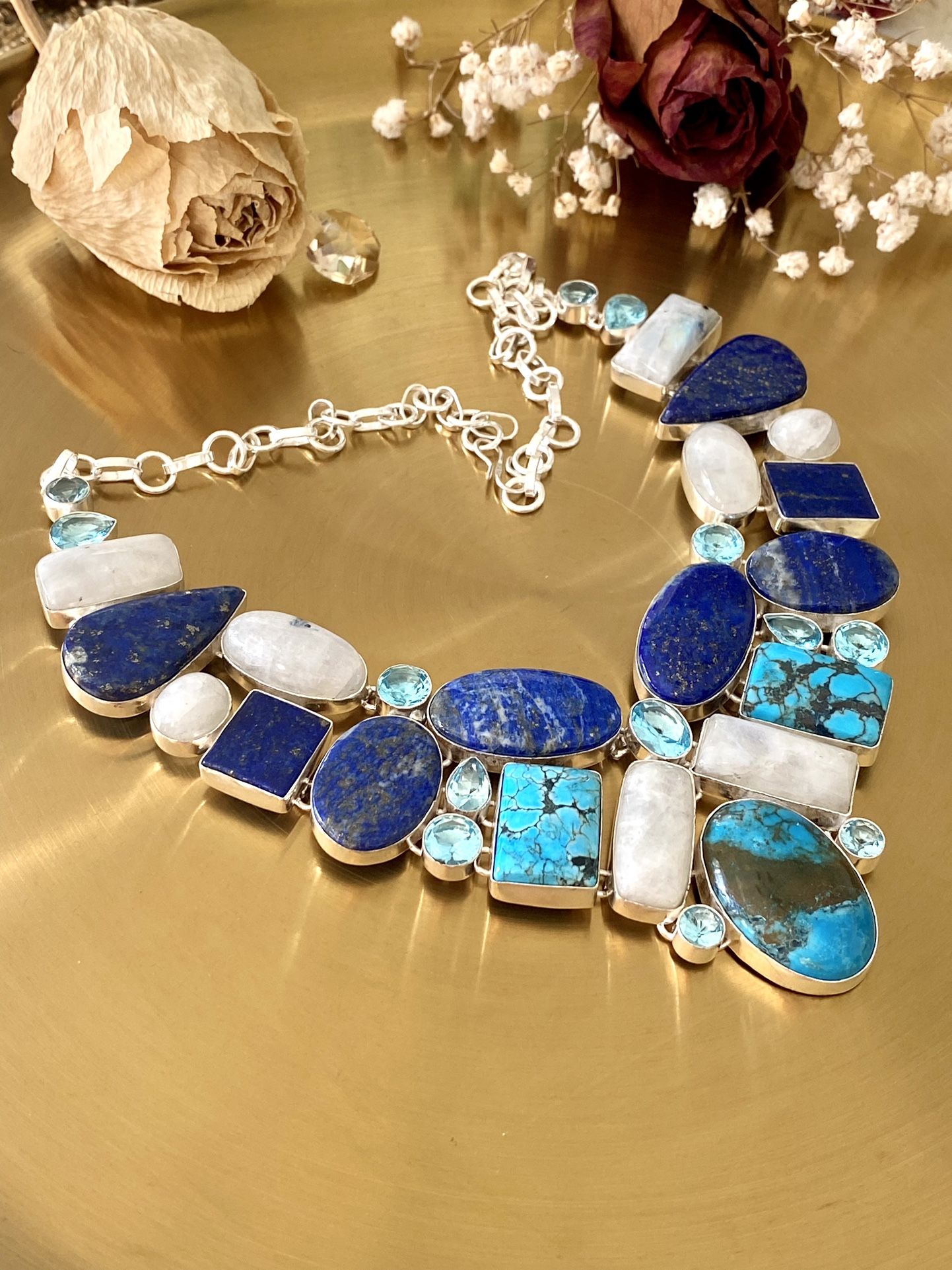 Turquoise, Lapis, Rainbow Moonstone And Blue Topaz 925 Sterling Silver Overlay Cluster Necklace