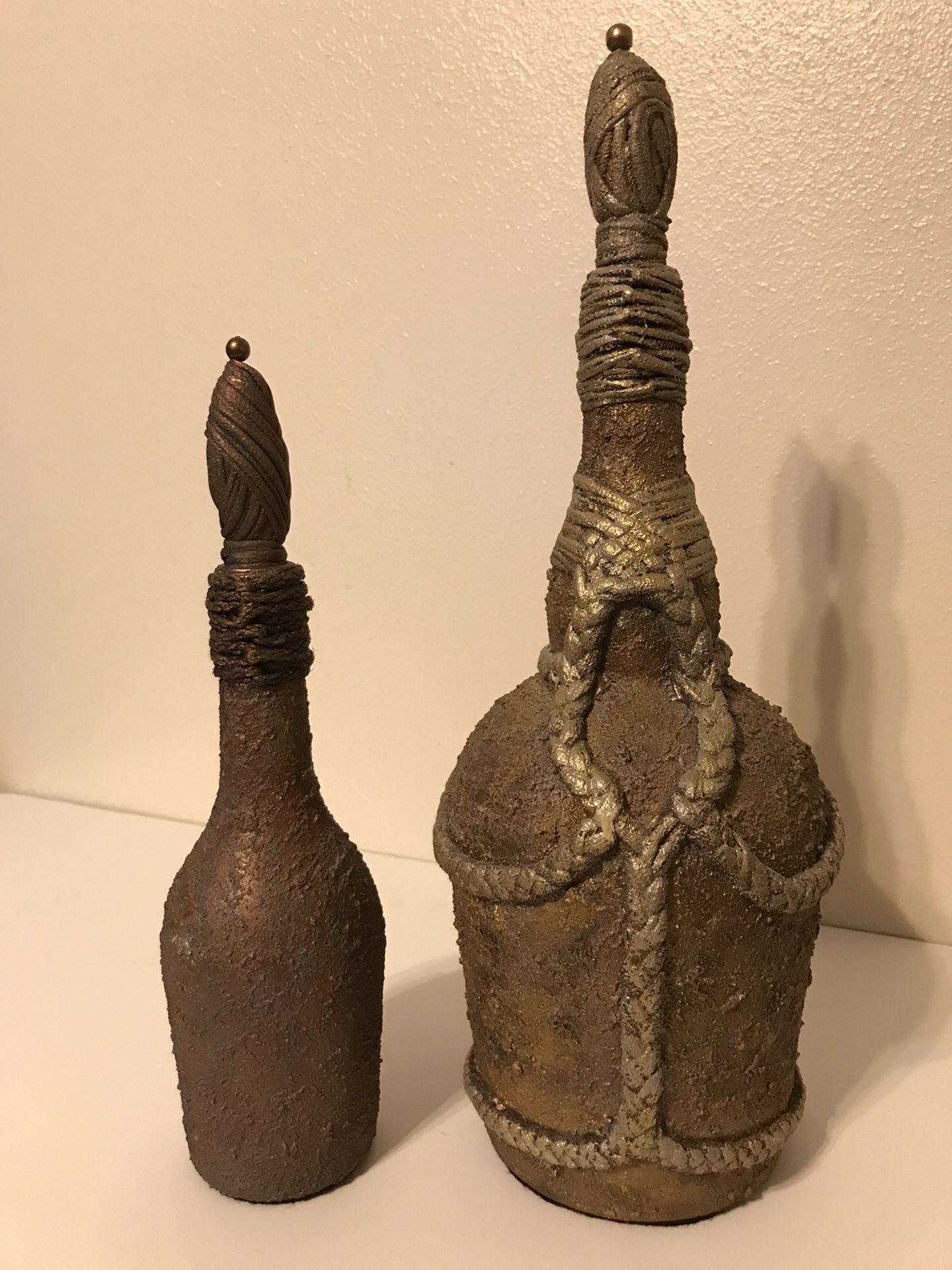 Vintage 2 Piece Decanter Bottles Hand Decorated w/ Plaster Coating & Rope