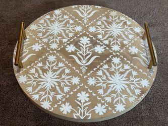 13.5” Round Boho Mango Wood Serving Tray with Gold Handles - Pristine Condition