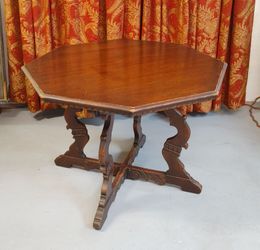 Antique Octagon Wood Table Carved Walnut Jacobean Renaissance Card Game Parlor library Victorian Old 016