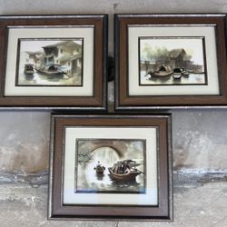 Three Asian Silk Embroidery Art Professionally Framed
