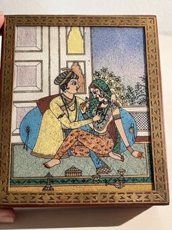 Beautiful Handmade And Hand Painted Vintage Wooden Jewelry Box With Glass Painting And  Inlay Design King And Queen 