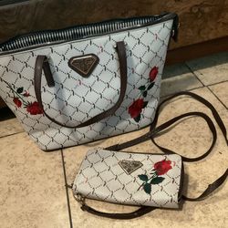 Baby phat women’s cream and Brown rose Tote Bag & double zipper wallet